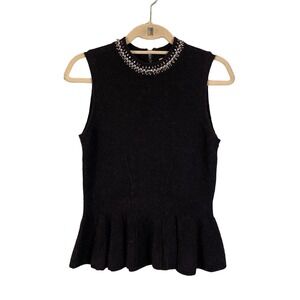 REBECCA TAYLOR Peplum Top Womens S Cotton Stone Neckline Sleeveless Knit Black